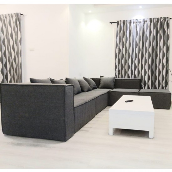 Corner sofa with 2 poufs, Beech wood with linen fabric - beige